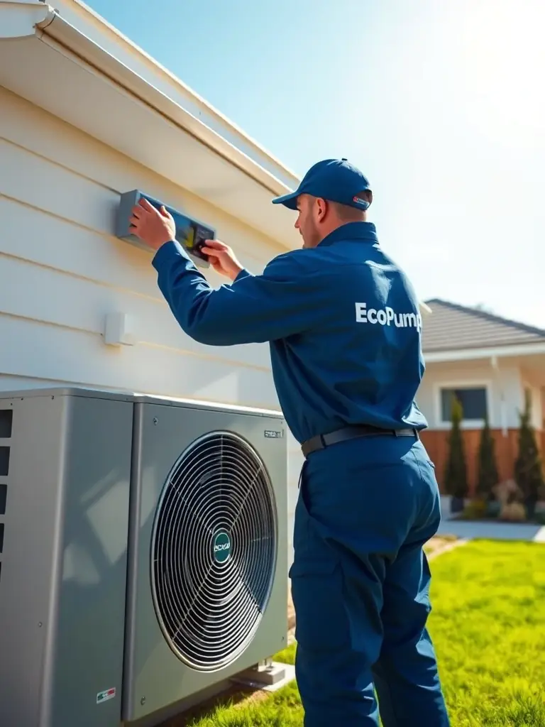 A technician in EcoPump branded uniform is carefully installing a heat pump unit outside a residential building. The setting is a sunny day, emphasizing the ease and professionalism of the installation process.