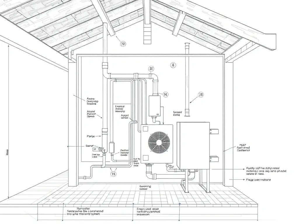 A detailed architectural drawing showcasing the planning phase of a heat pump system installation in a modern residential building, emphasizing energy efficiency and sustainable design.