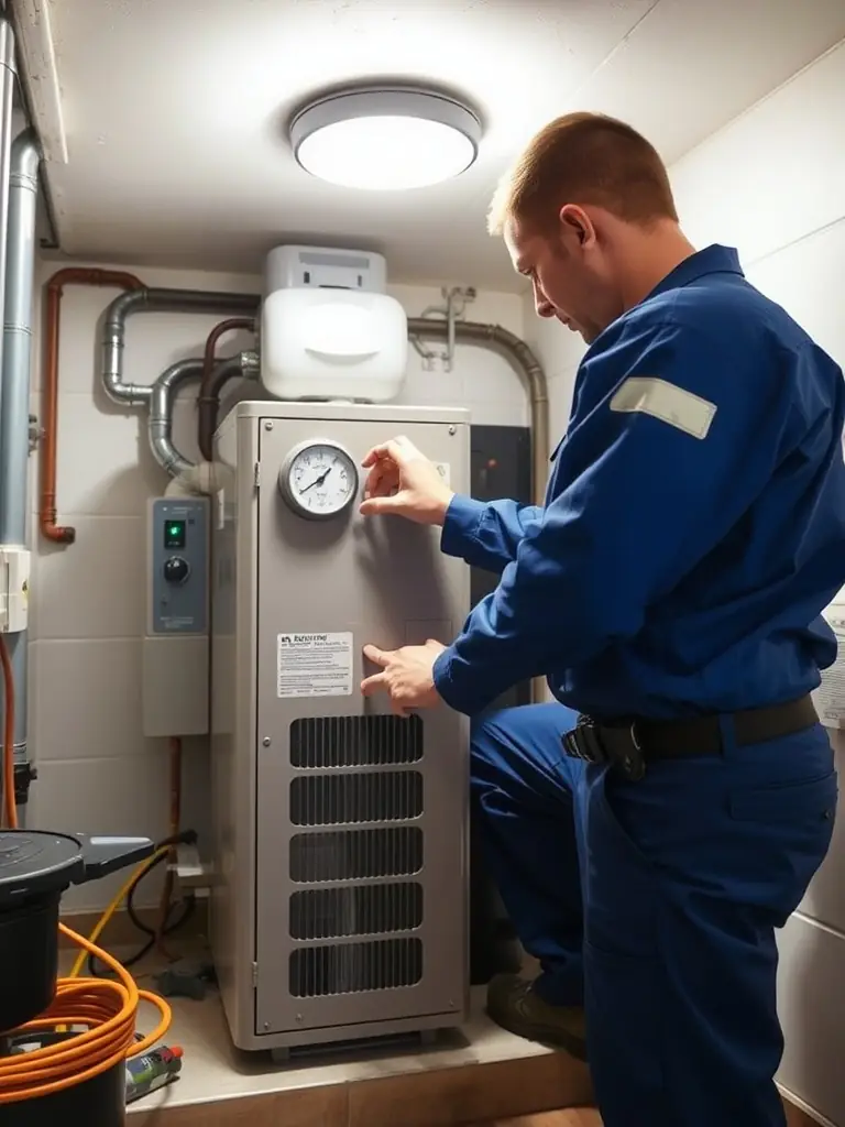 A close-up shot of a technician performing maintenance on a heat pump, using diagnostic tools. The setting is clean and organized, highlighting the precision and care taken during servicing.