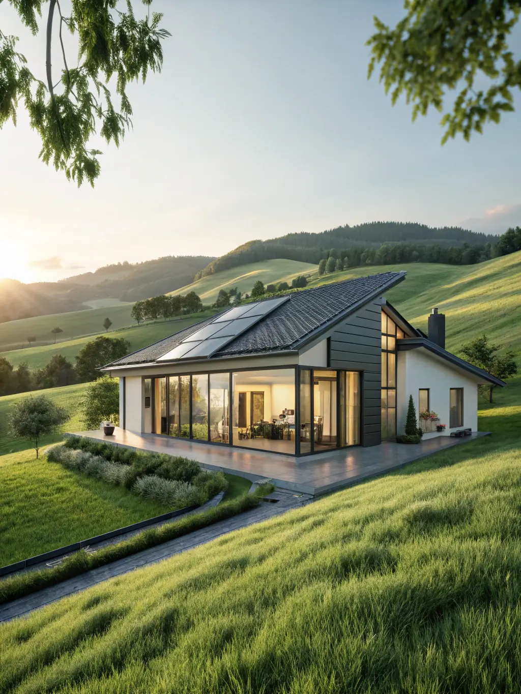 A wide shot of a completed heat pump installation at a modern home, showcasing the sleek design and integration with the building's architecture. The surrounding landscape is green and lush, symbolizing sustainability.