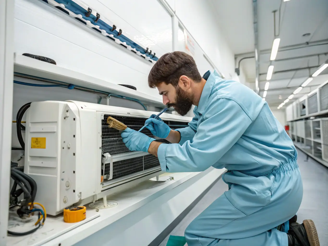 A close-up image of a technician performing maintenance on a heat pump system, showcasing the regular checks and servicing required to maintain optimal performance and longevity.