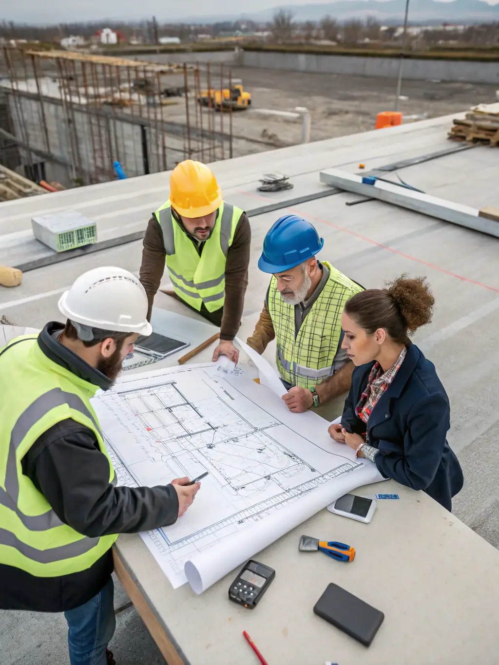 A brightly lit, modern office space. Two engineers are reviewing technical drawings of a heat pump system, with a laptop displaying 3D models in the background. The atmosphere is collaborative and focused.