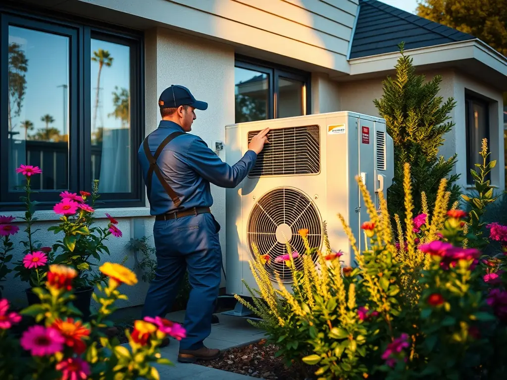 A photograph of EcoPump technicians professionally installing a heat pump unit in a residential setting, highlighting the precision and care taken during the installation process.